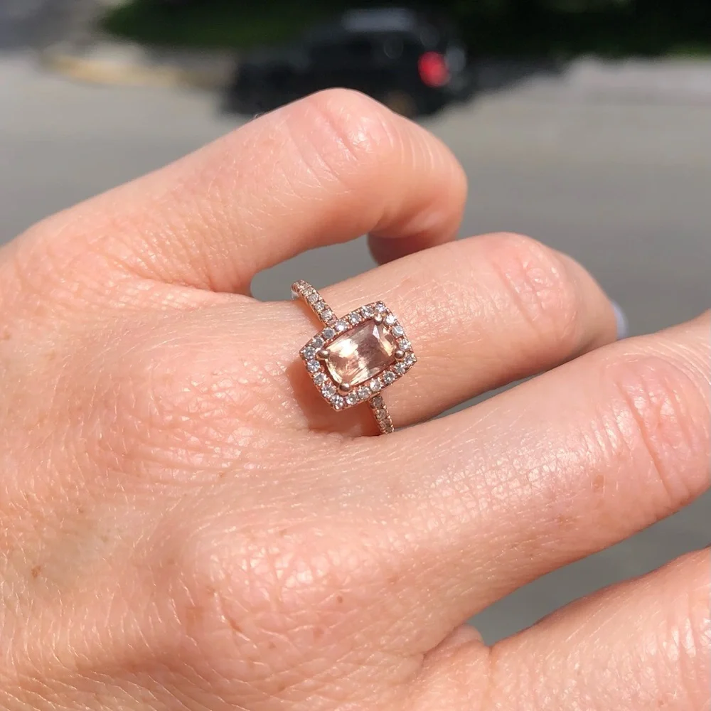14k rose gold, diamond and emerald cut peach sapphire engagement ring - Picture 1 of 16